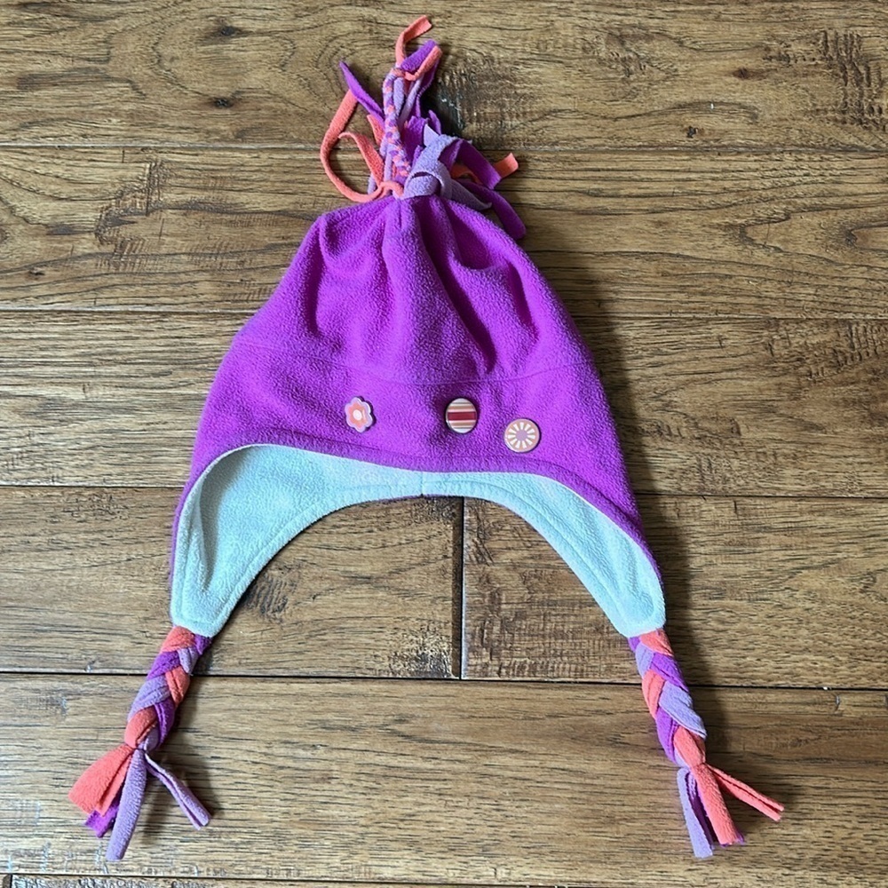 Obermeyer Pixie Fleece Hat Ear Flap Braided Trim Button Detail Purple Kids S/M